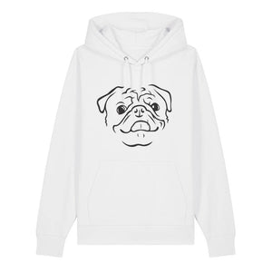 Black outline illustration of the head of a Pug on the front of a white unisex Hoodie