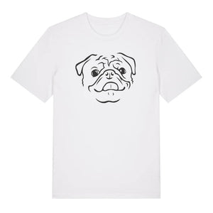 Black outline illustration of the head of a Pug on the front of a white unisex t-shirt