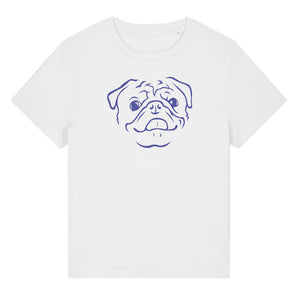 Blue outline illustration of the head of a Pug on the front of a white ladies t-shirt