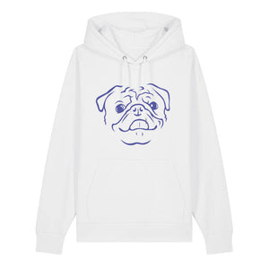 Blue outline illustration of the head of a Pug on the front of a white unisex Hoodie