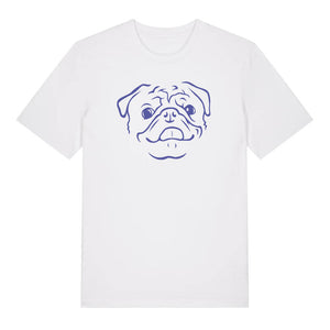 Blue outline illustration of the head of a Pug on the front of a white unisex t-shirt