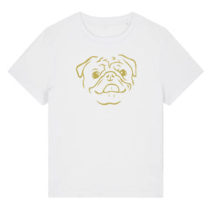 Gold outline illustration of the head of a Pug on the front of a white ladies t-shirt
