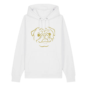 Gold outline illustration of the head of a Pug on the front of a white unisex Hoodie