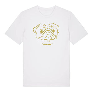 Gold outline illustration of the head of a Pug on the front of a white unisex t-shirt