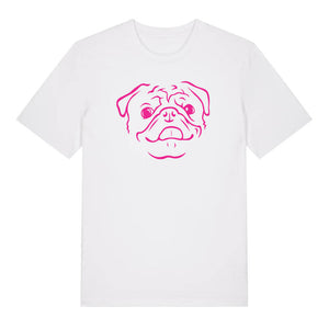 Magenta outline illustration of the head of a Pug on the front of a white unisex t-shirt