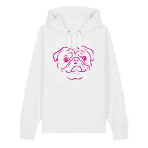 Magenta outline illustration of the head of a Pug on the front of a white unisex Hoodie