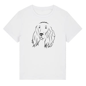 Black outline illustration of the head of an Irish Red Setter on the front of a white ladies t-shirt