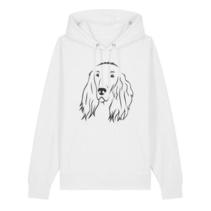 Black outline illustration of the head of an Irish Red Setter on the front of a white unisex Hoodie