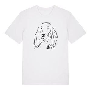 Black outline illustration of the head of an Irish Red Setter on the front of a white unisex t-shirt