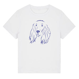 Blue outline illustration of the head of an Irish Red Setter on the front of a white ladies t-shirt