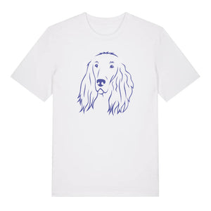 Blue outline illustration of the head of an Irish Red Setter on the front of a white unisex t-shirt