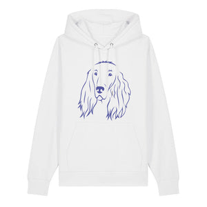 Blue outline illustration of the head of an Irish Red Setter on the front of a white unisex Hoodie