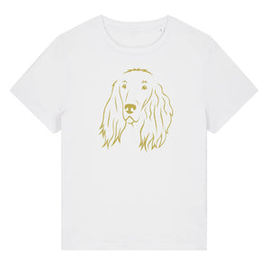 Gold outline illustration of the head of an Irish Red Setter on the front of a white ladies t-shirt