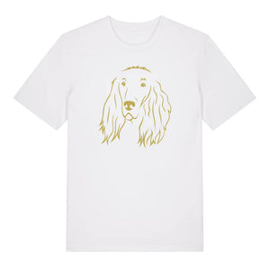 Gold outline illustration of the head of an Irish Red Setter on the front of a white unisex t-shirt