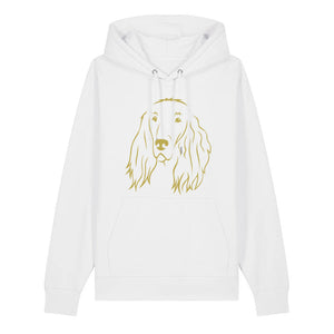 Gold outline illustration of the head of an Irish Red Setter on the front of a white unisex Hoodie