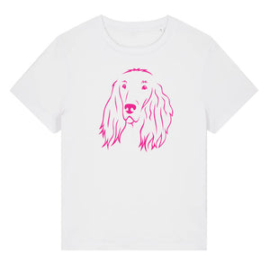 Magenta outline illustration of the head of an Irish Red Setter on the front of a white ladies t-shirt
