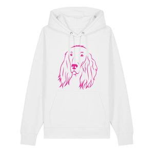 Magenta outline illustration of the head of an Irish Red Setter on the front of a white unisex Hoodie