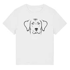 Black outline illustration of the head of a Rhodesian Ridgeback on the front of a white ladies t-shirt
