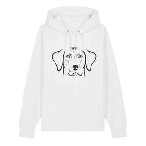 Black outline illustration of the head of a Rhodesian Ridgeback on the front of a white unisex Hoodie