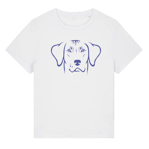 Blue outline illustration of the head of a Rhodesian Ridgeback on the front of a white ladies t-shirt