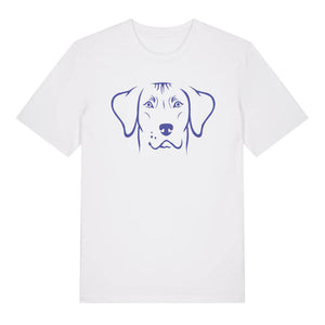 Blue outline illustration of the head of a Rhodesian Ridgeback on the front of a white unisex t-shirt