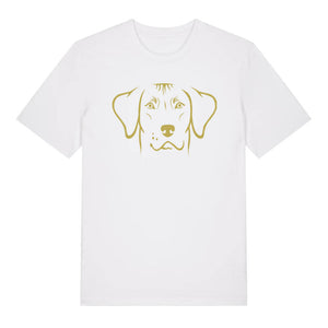 Gold outline illustration of the head of a Rhodesian Ridgeback on the front of a white unisex t-shirt
