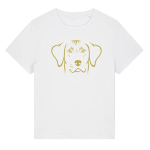 Gold outline illustration of the head of a Rhodesian Ridgeback on the front of a white ladies t-shirt