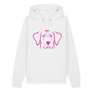 Magenta outline illustration of the head of a Rhodesian Ridgeback on the front of a white unisex Hoodie