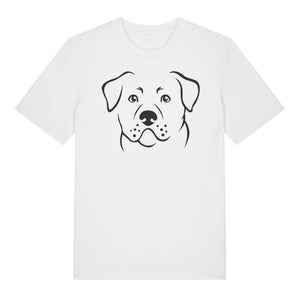Black outline illustration of the head of a Rottweiler on the front of a white unisex t-shirt