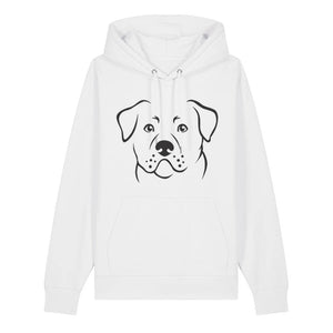 Black outline illustration of the head of a Rottweiler on the front of a white unisex Hoodie