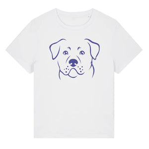Blue outline illustration of the head of a Rottweiler on the front of a white ladies t-shirt
