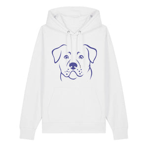 Blue outline illustration of the head of a Rottweiler on the front of a white unisex Hoodie