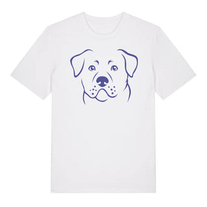 Blue outline illustration of the head of a Rottweiler on the front of a white unisex t-shirt