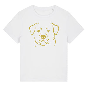 Gold outline illustration of the head of a Rottweiler on the front of a white ladies t-shirt