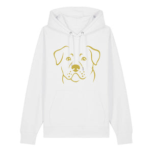 Gold outline illustration of the head of a Rottweiler on the front of a white unisex Hoodie