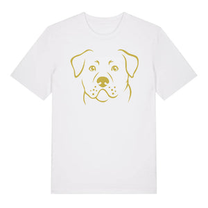 Gold outline illustration of the head of a Rottweiler on the front of a white unisex t-shirt