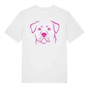 Magenta outline illustration of the head of a Rottweiler on the front of a white unisex t-shirt