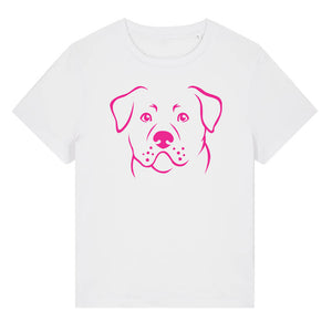 Magenta outline illustration of the head of a Rottweiler on the front of a white ladies t-shirt
