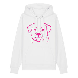 Magenta outline illustration of the head of a Rottweiler on the front of a white unisex Hoodie