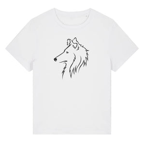 Black outline illustration of the head of a Rough Collie on the front of a white ladies t-shirt