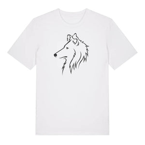 Black outline illustration of the head of a Rough Collie on the front of a white unisex t-shirt