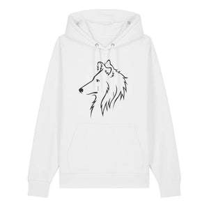Black outline illustration of the head of a Rough Collie on the front of a white unisex Hoodie