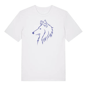 Blue outline illustration of the head of a Rough Collie on the front of a white unisex t-shirt