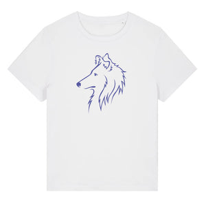 Blue outline illustration of the head of a Rough Collie on the front of a white ladies t-shirt