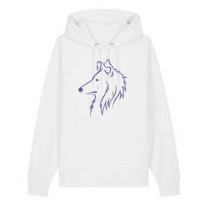 Blue outline illustration of the head of a Rough Collie on the front of a white unisex Hoodie