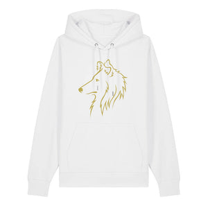 Gold outline illustration of the head of a Rough Collie on the front of a white unisex Hoodie