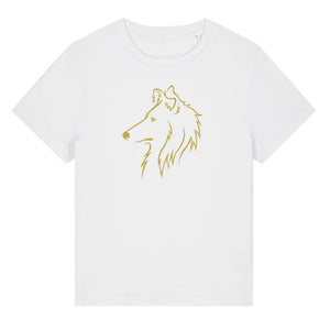 Gold outline illustration of the head of a Rough Collie on the front of a white ladies t-shirt