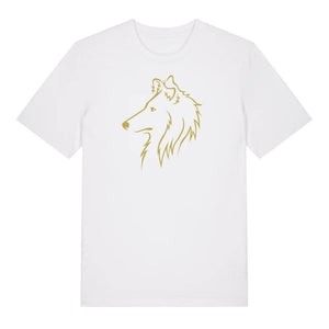 Gold outline illustration of the head of a Rough Collie on the front of a white unisex t-shirt
