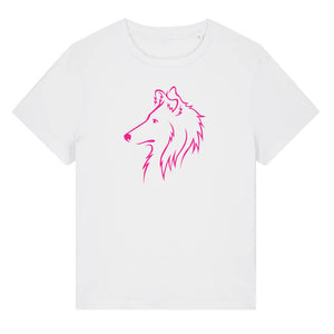 Magenta outline illustration of the head of a Rough Collie on the front of a white ladies t-shirt