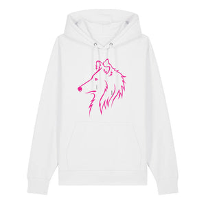 Magenta outline illustration of the head of a Rough Collie on the front of a white unisex Hoodie